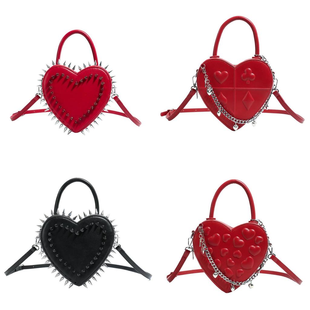 Pu Heart Shaped Bag For Women With Doublesided Stud Embellishments And Chain Strap For Daily Use