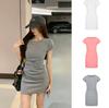 New Gray Pleated Slim-fit Dress Slim-fit and Thin Inside Temperament Hip-wrapped A-word Short Skirt Round Neck Skirt