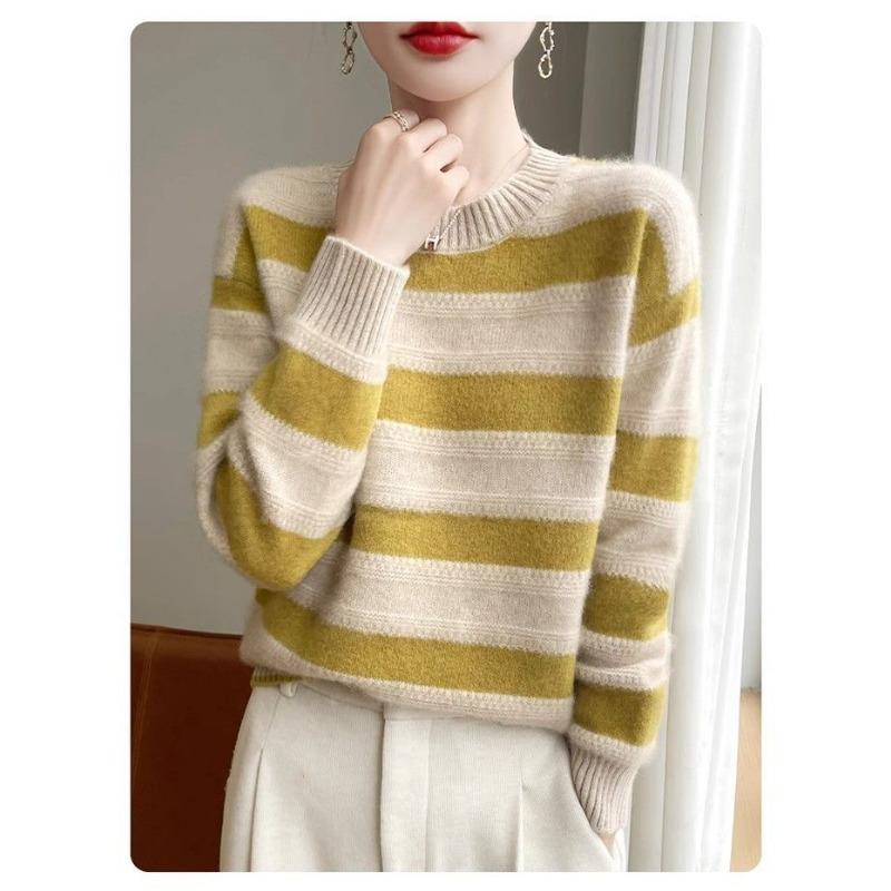 Striped Women's Short Style Color Block Knitted Sweater Autumn and Winter Korean Style Versatile Temperament Top