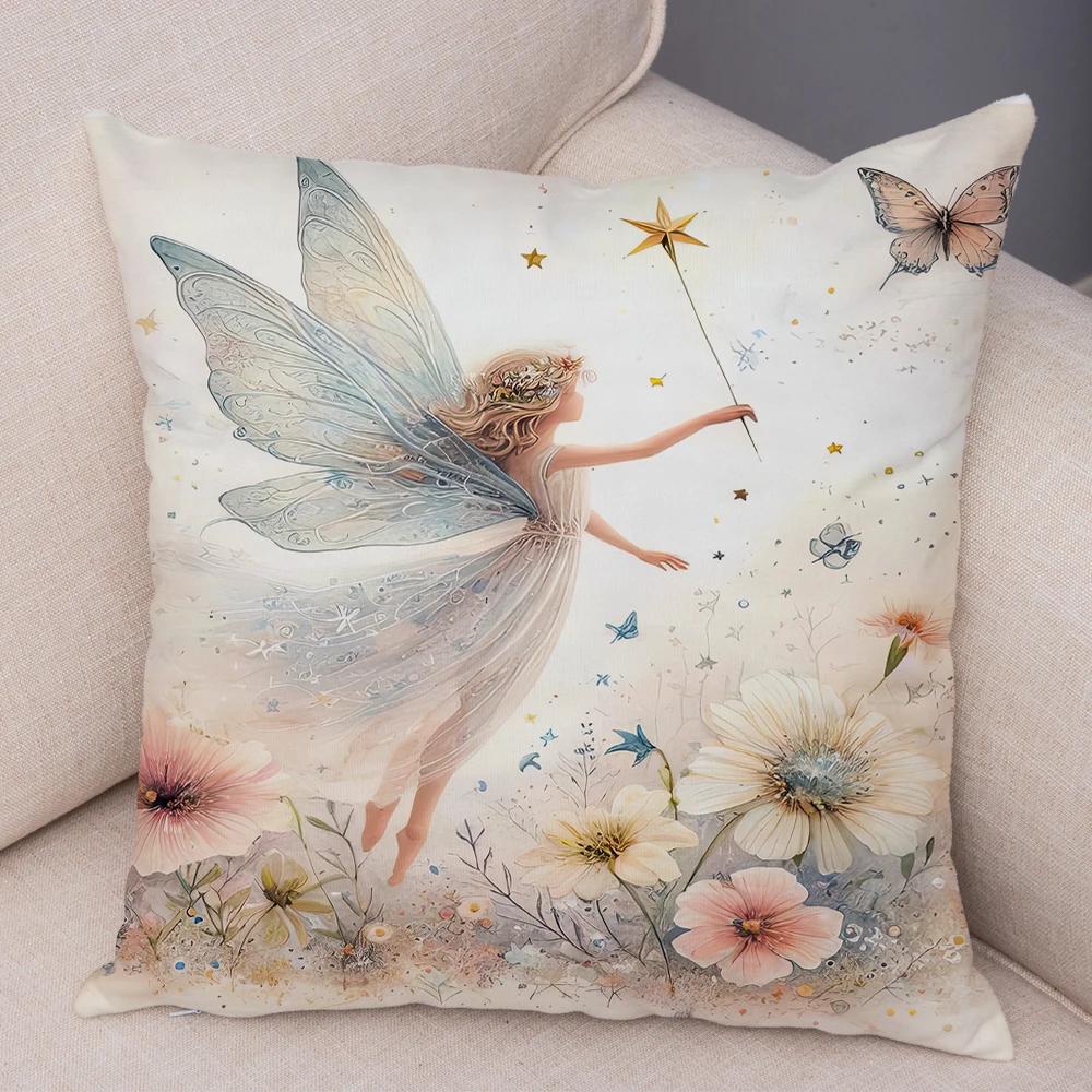 Niedlicher Cartoon Waldmädchen Elfen Kissenbezug Doppelseitig bedruckter Kissenbezug Deko für Sofa Zuhause Superweicher Plüsch Kissenbezug 40x40cm