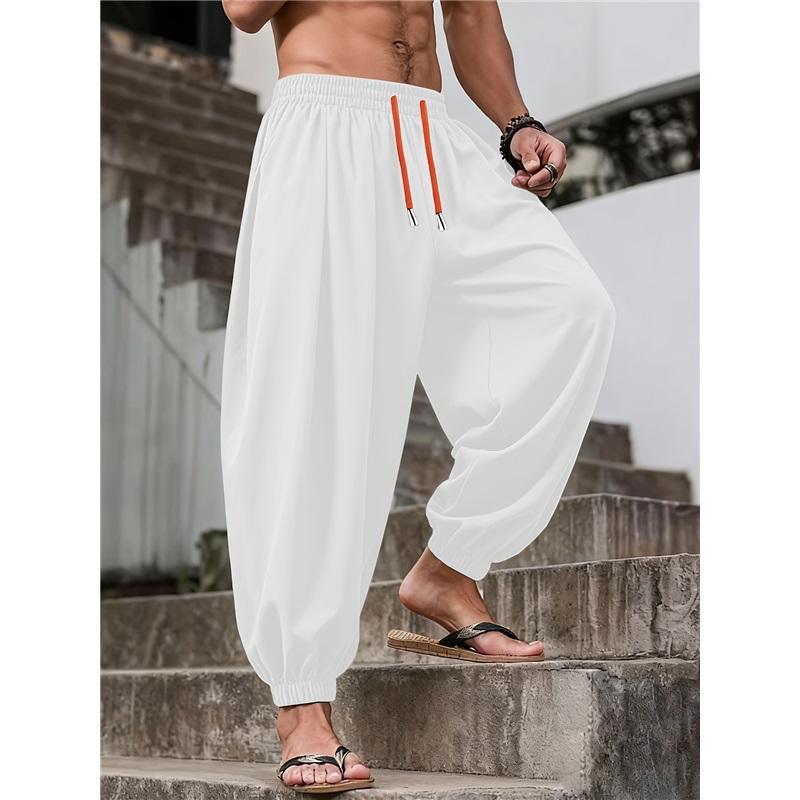 Men's Loose-fit Harem Pants, Elastic Drawstring Waist, Non-stretch Casual Lantern Trousers, Lightweight Quick-dry