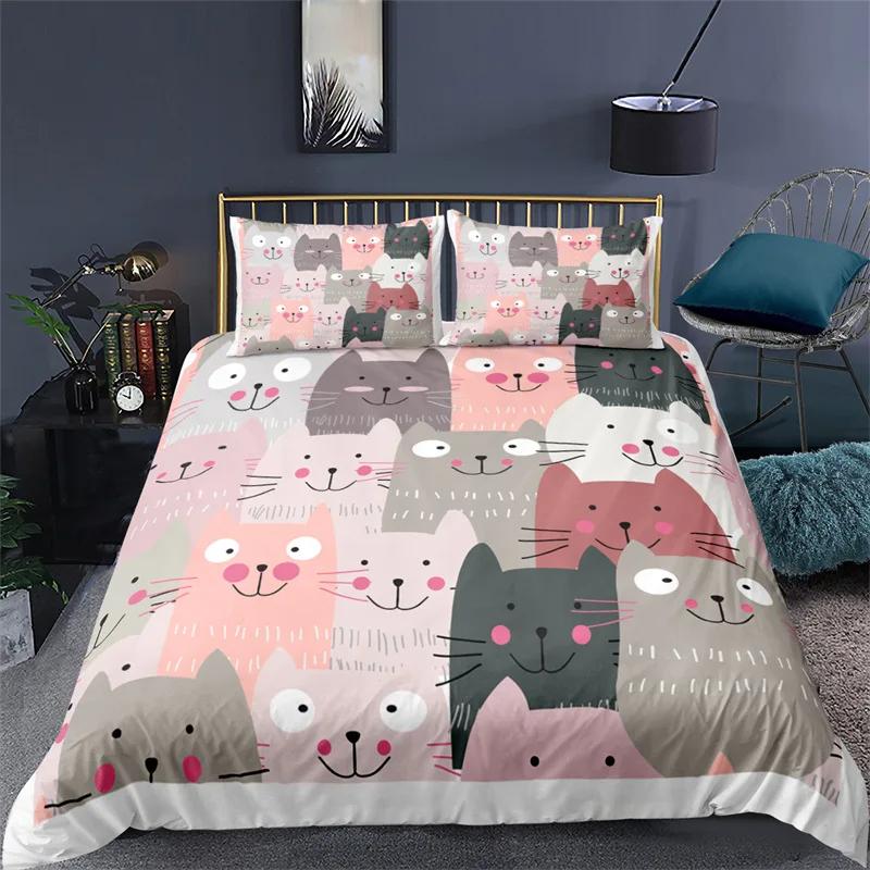 Kawaii Animal Duvet Cover Cute Cat Bedding Set For Girls Boys Kids, Pet Theme Cartoon Kitten Comforter Cover Lovely Cat Bed Set
