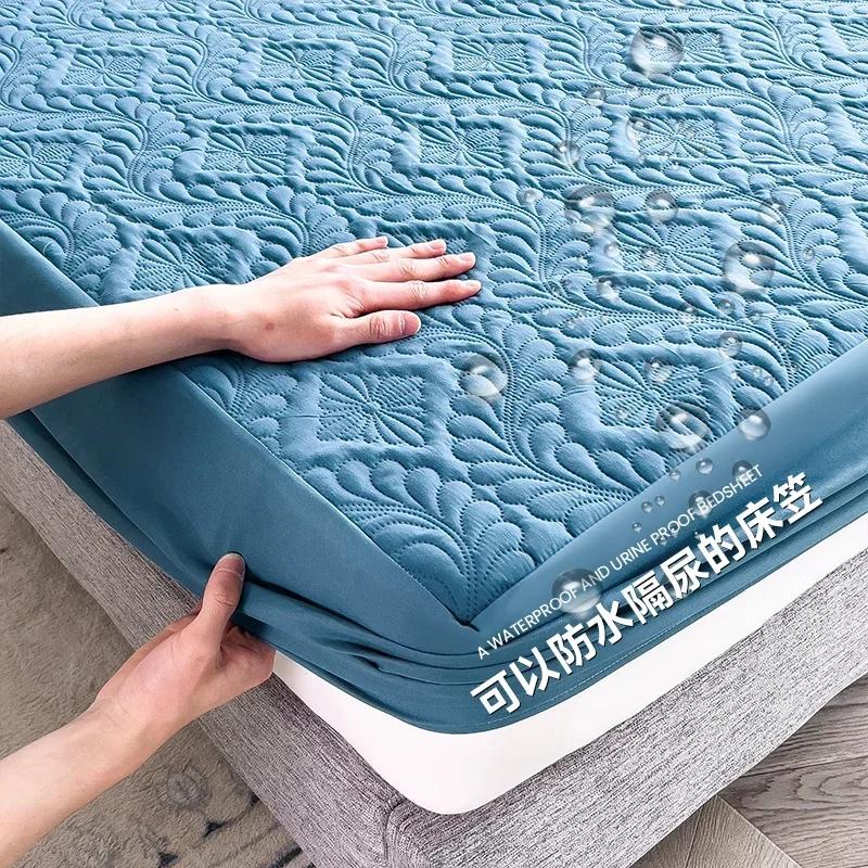 Waterproof Solid Color Embossed Mattress Cover Thicken Fitted Sheet Bed Cover for Bedroom Hotel Soft Pad for Bed