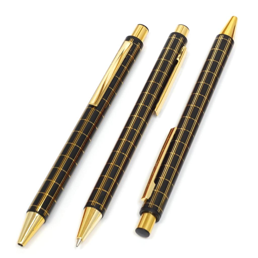 White NQ30K Pen Case with Thick Metal Straight Knock and Double Anodized Lattice Ballpoint Pen Set Snap-closure (3-pack, Black) (T23-NK01W-NQ30KB-B-3)