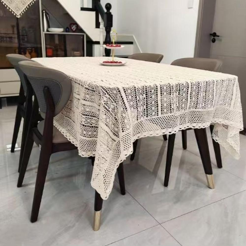 1pc Rustic Crochet Lace Tablecloth with Tassels – Elegant Diamond Plaid Design, Cream Floral Patterns, Perfect for Weddings, Family Banquets