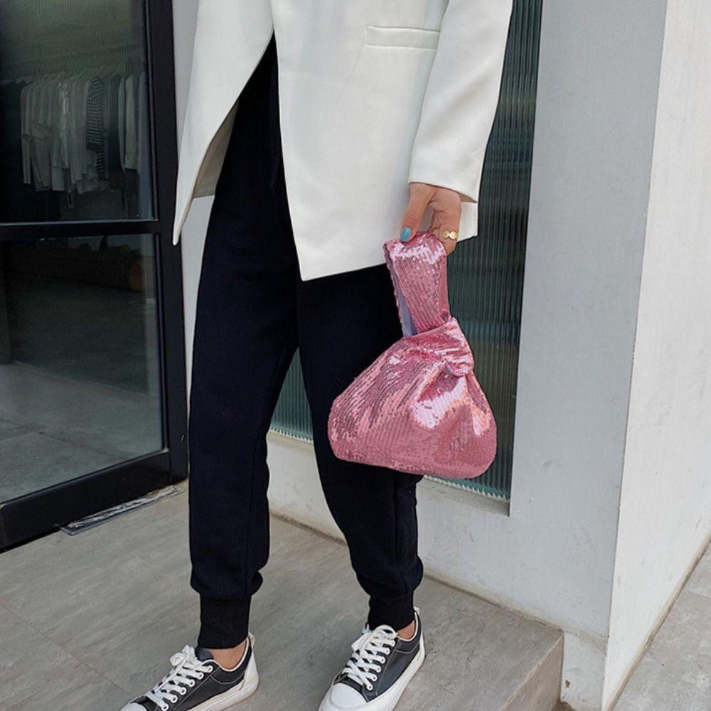 Glitter Sequin Handbag Solid Color Tote Bag Cute Knot Wrist Bag Travel