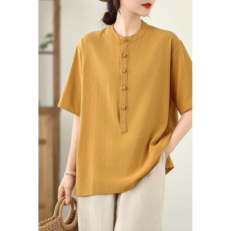 Women's Mustard Yellow Stand Collar Half-Sleeve Blouse Button Detail Loose Casual Linen Blend Shirt