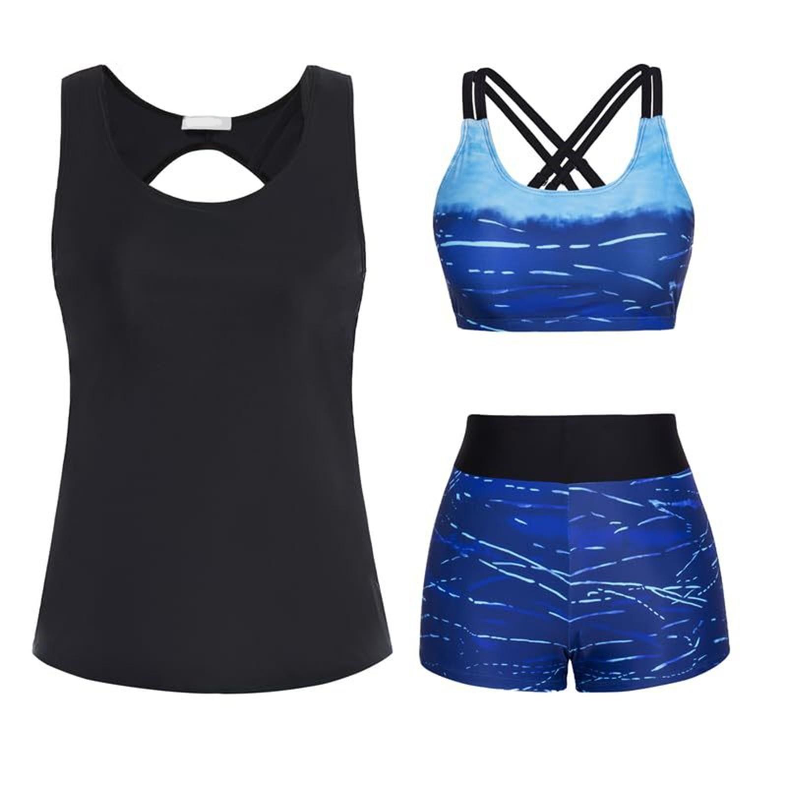 Women s Floral Printed Separate Three Piece Swimsuit With Bra Pads No Steel Bra Sexy Bikini L синий