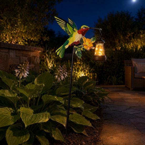 Garden Bird Solar Light, Outdoor Hummingbird Kingfisher Solar Lantern with Stake, Automatic On/Off Solar Pathway Light for Yard Lawn Patio