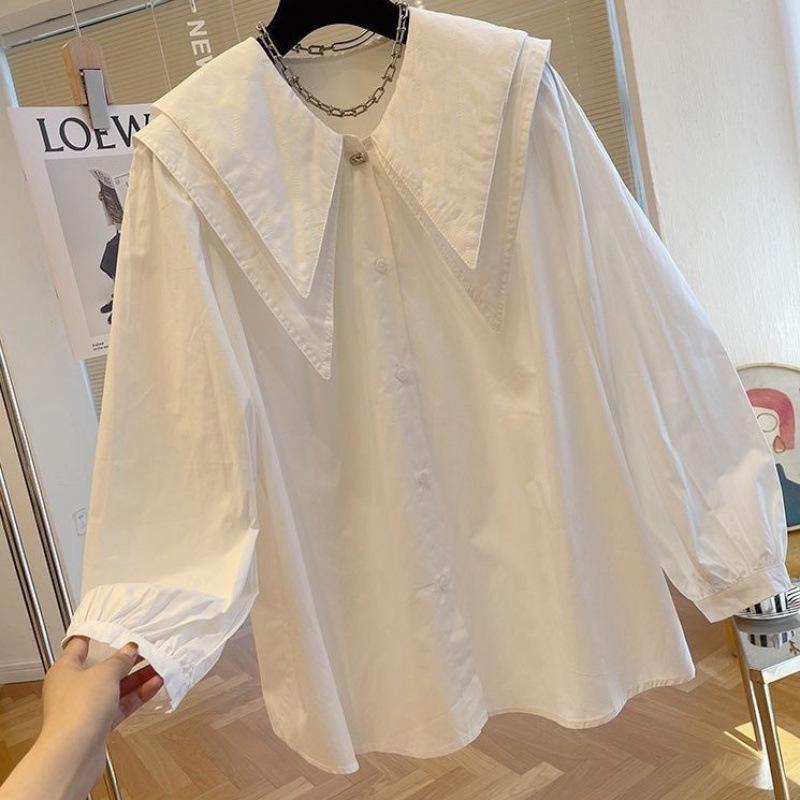 Luxe Loose-Fit Autumn Tops: Multi-Button French Doll Collar Shirt with Long Sleeves