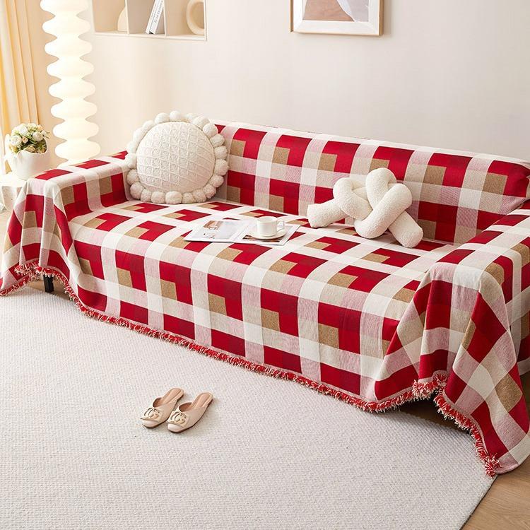 Red Festive Chenille Plaid Sofa Cover Cloth Sofa Towel Four Seasons Universal Sofa Cover Cover One Piece Full Cover Blanket