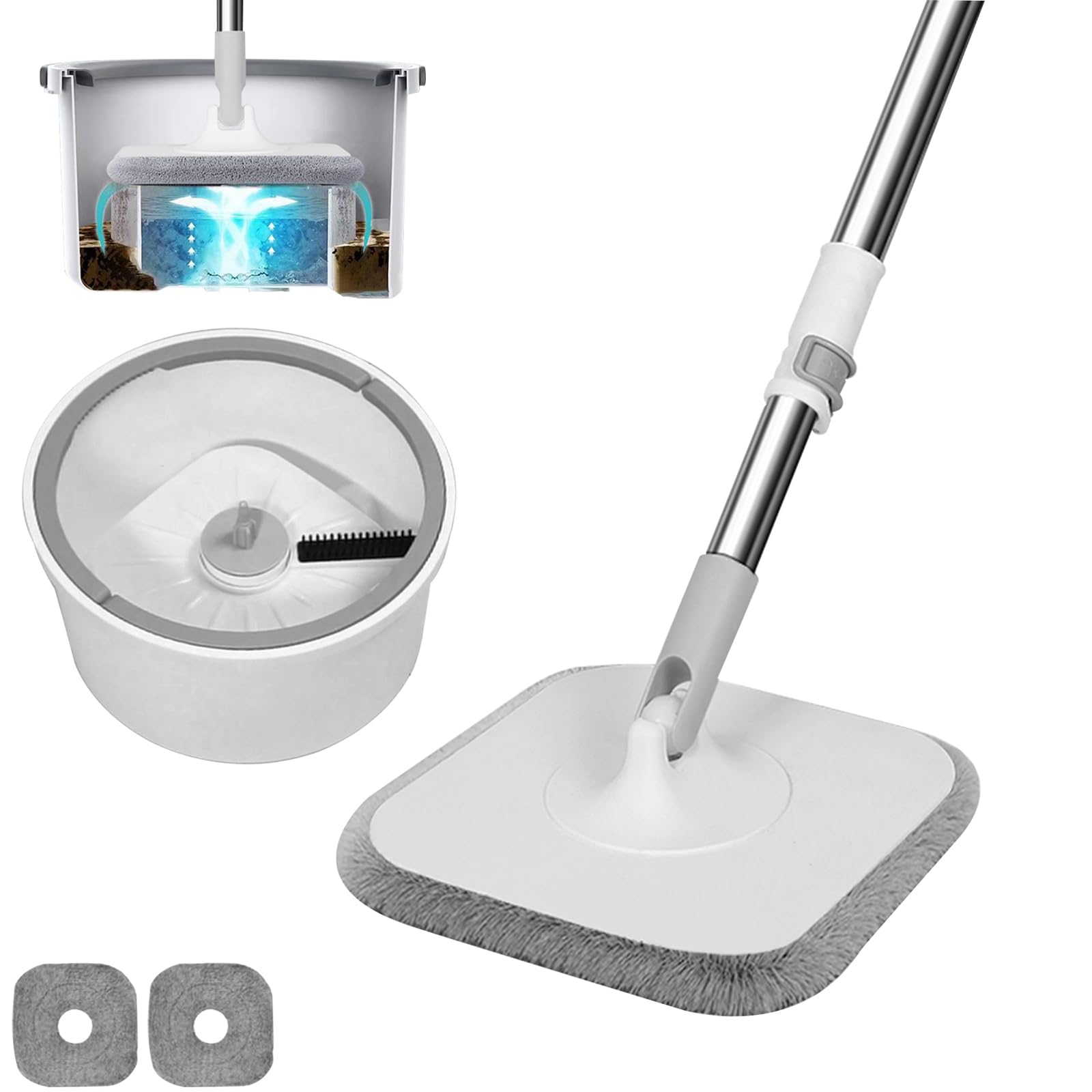 

Вращающаяся швабра для разделения сточных вод с отжимом для влажной и сухой уборки, 2 сменные насадки, мытье пола и обезвоживание без разделения белый