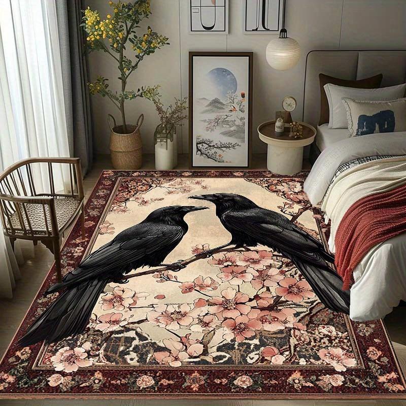 Dark Academia Raven Themed Rug,Anti-Slip Mat with Vintage Cherry Blossom Design for Living Room Bedroom,Gothic Decorative Carpet