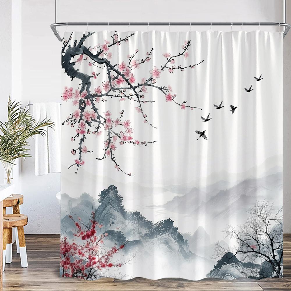 

Живопис тушшю Шторка для душу Гори Пейзаж Сакура Птахи Прикраси для ванної кімнати Класичні Поліестерові Завіси для ванни 90x180cm-35x70in