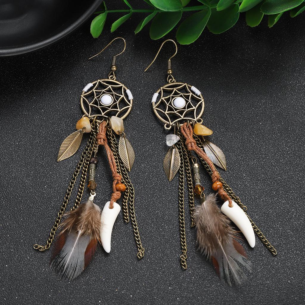 2pcs Bohemia Women's Hollow Dream Catcher Feather Tassel Earrings Sets Retro Alloy Leaf Stone Pendant Earrings Necklace Zircon