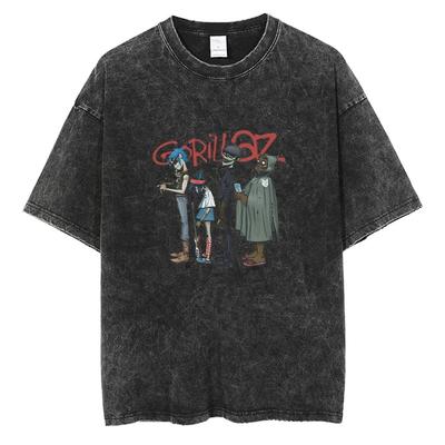 PUNK ROCK Mournful Gorillaz Washed Cotton Mens Harajuku Streetwear Harajuku Short Sleeve TShirt Loose Cotton Tops