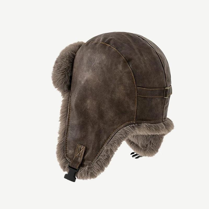 Lei Feng Hat Women's Autumn and Winter Thickened Warm PU Leather Plush Hat Outdoor Skiing Cold Ear Protection Hat Flying Hat