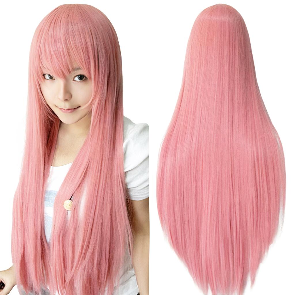 Synthetic Pink Straight Wig with Bangs for Anime Yuno Gasai Cosplay Princess Bubblegum Hair Wigs for Halloween Costume
