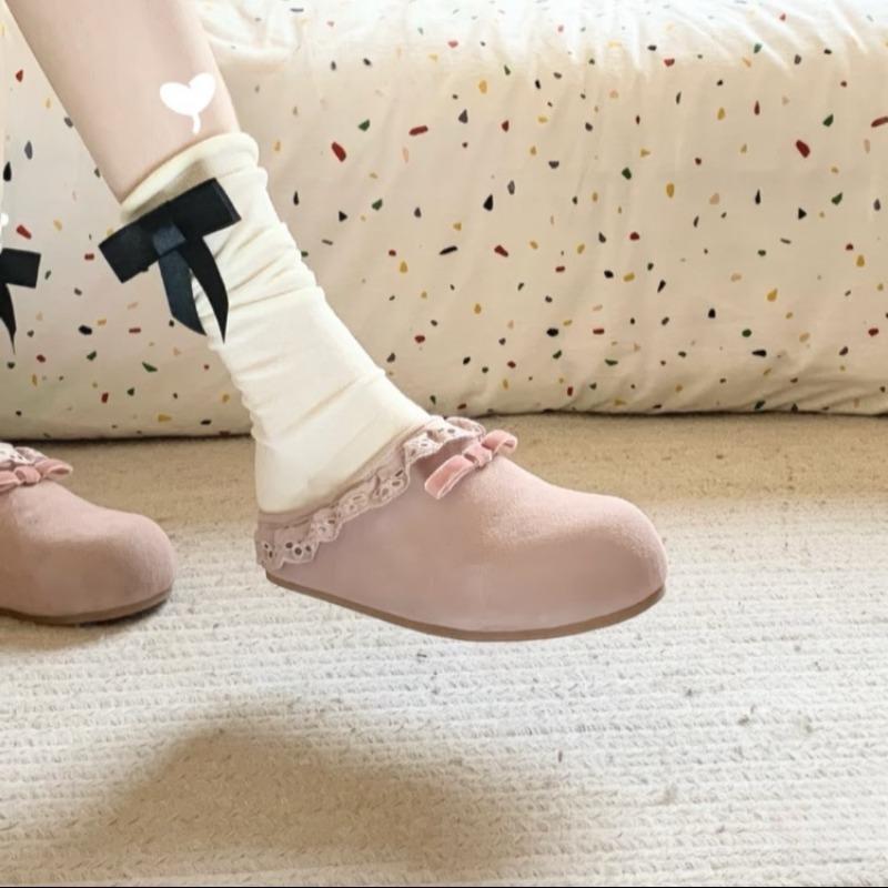 Fashion Spring New Style Flat Shoes Women's Round Head Deep Mouth Cow Suede Butterfly Knot Soft Sole Anti-slip Wear Slippers