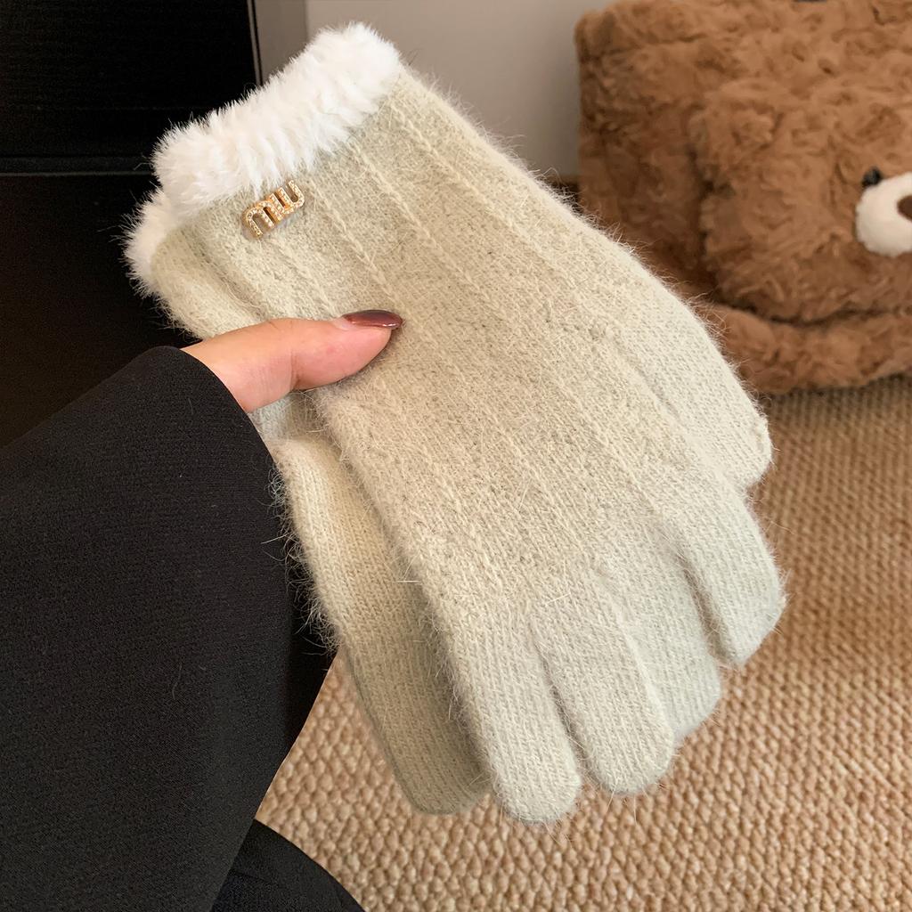 Soft Waxy Rabbit Fur Gray Knitted Wool Five Finger Thickened Warm Gloves for Women's Winter Cycling Cold and Windproof Furry