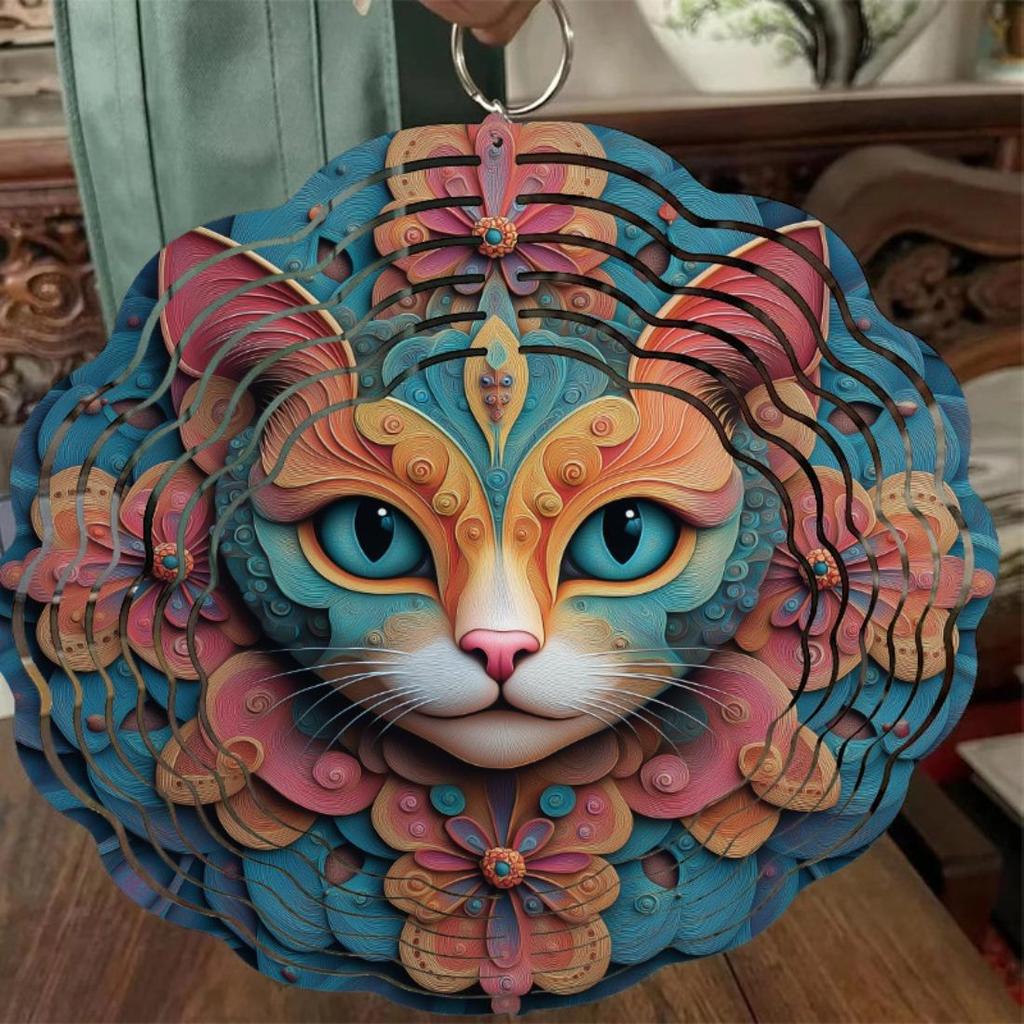 Lebhafter Metall-Windspinner mit filigranem Katzendesign - Batterielos, 360° drehbarer Haken für dynamische Garten- und Terrassendekoration