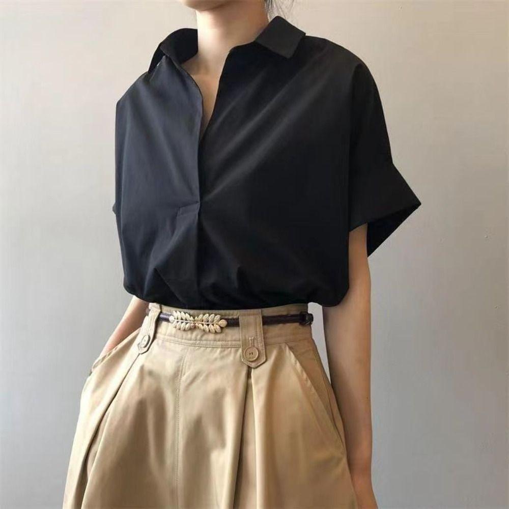 Crop Top Flip Collar T-shirt V-neck Basic Tees Shirts Women Fashion Short Sleeve Blouse Holiday