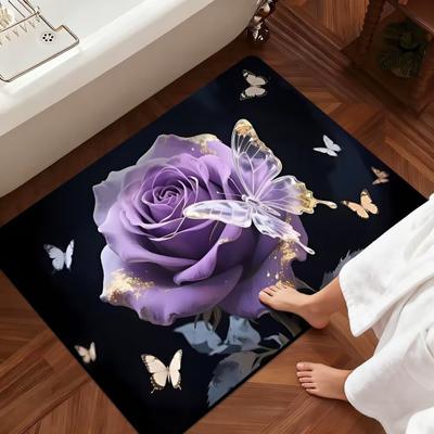 3D Rose Floor Mat Flower Pattern Non-Slip Bath Mat Realistic Rose And Butterflies Bathroom Rug for Entrance Bedroom Living Room