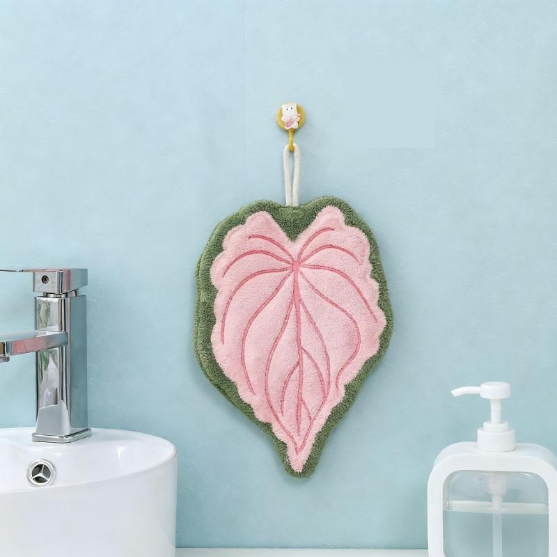 1Pc Coral Velvet Hand Towel, Plant Leaf Shape, Can Be Hung for Convenient Use,Superabsorbent,Kitchen and Bathroom Hand Towel
