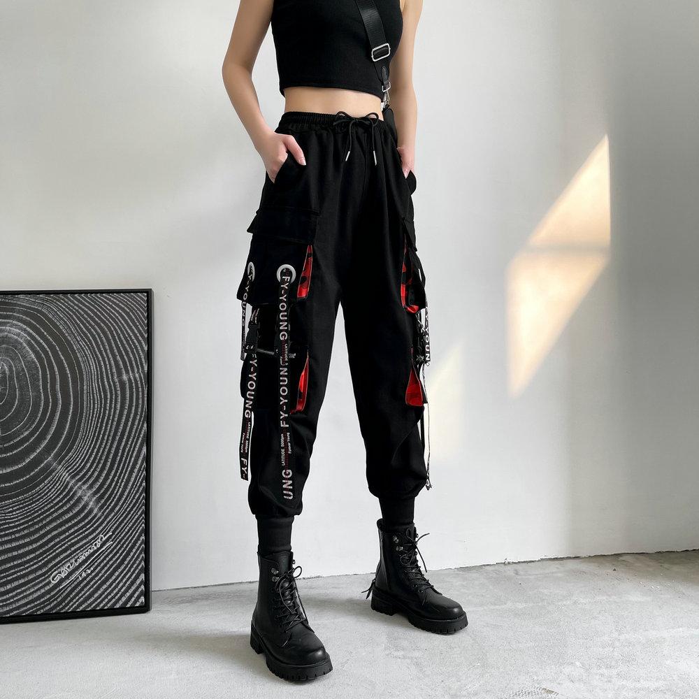Dámske neformálne nohavice v kórejskom štýle Streetwear Stuhy Tepláky Do členkov Voľné Hip Hop Cargo nohavice