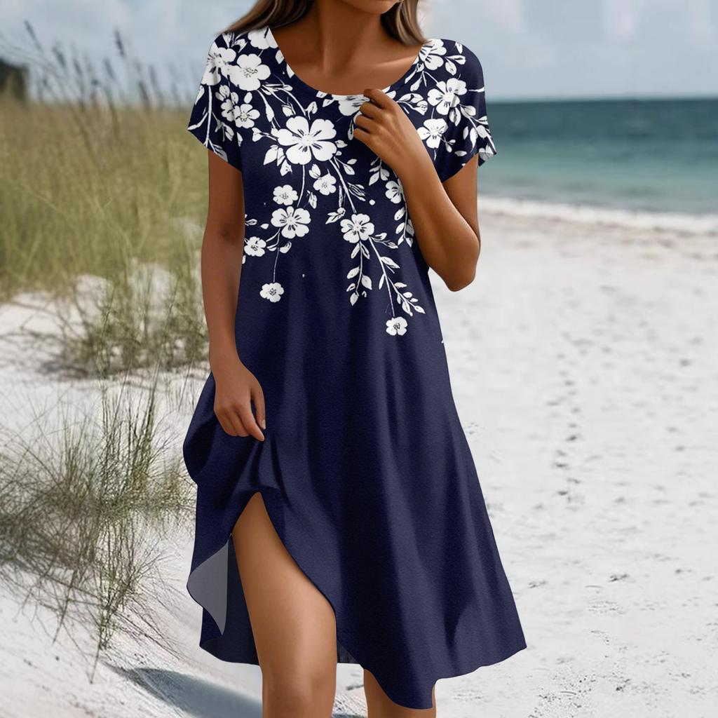 Short Sleeve Boho Dress For Women Casual Loose Fit Summer Sundress Floral Print Dress With Pockets