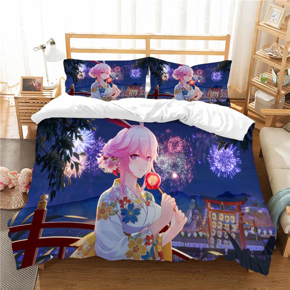

Comforter Cartoon G-Genshin H-Hon-Kai Impact 3Rd Bedding Set Themed Colorful Print Polyester Bed Sheet Kid Gift Home Textile Comforter (quilt)-EU Single(135*200cm)3pcs