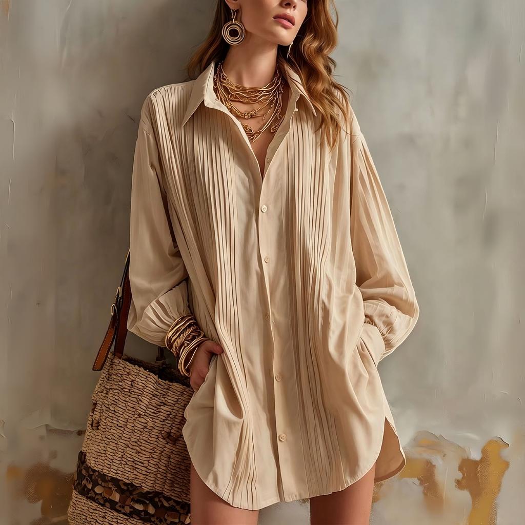 Women's Pleated Lapel Blouse Loose Fit Versatile Top for Work Commute and Daily Wear
