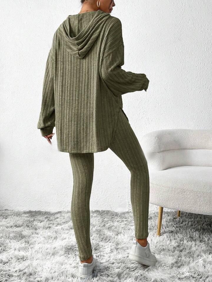 Autumn/Winter 2025 Ribbed Hooded Long Sleeve Casual Women's Set