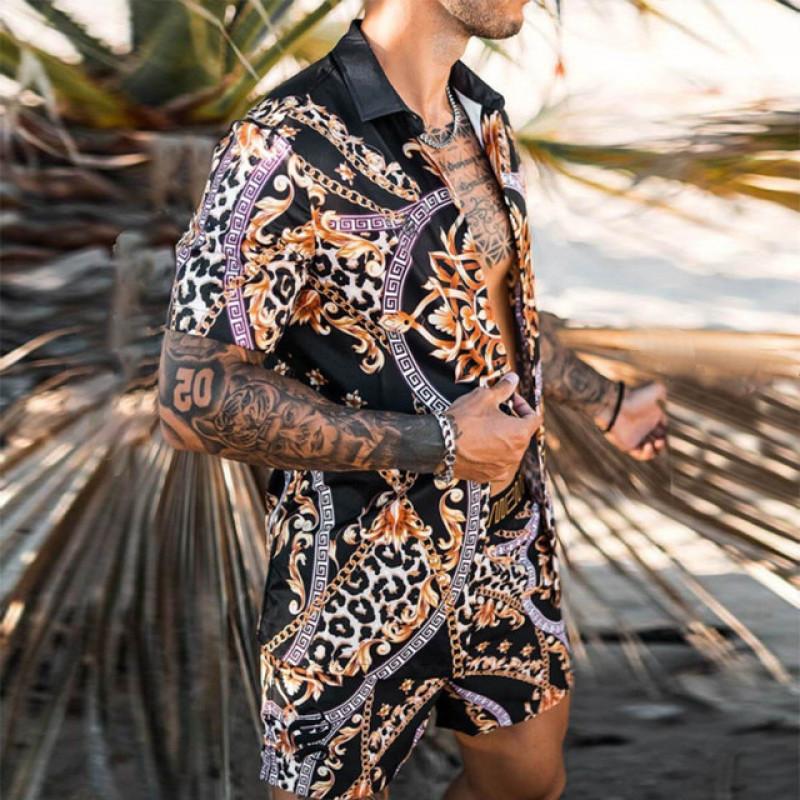 Geometric Printing Fashion New Beach Men's Summer Shirt Suit Casual Breathable  Short Sleeve Shirt Beach Shorts Men Set