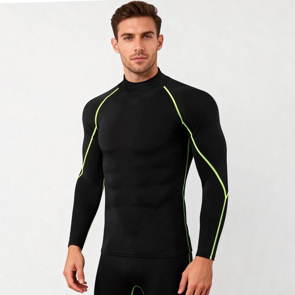 Men's Silk Grid High-Neck Performance T-Shirt - Elastic, Quick-Dry, Long-Sleeve for Autumn/Winter Running.