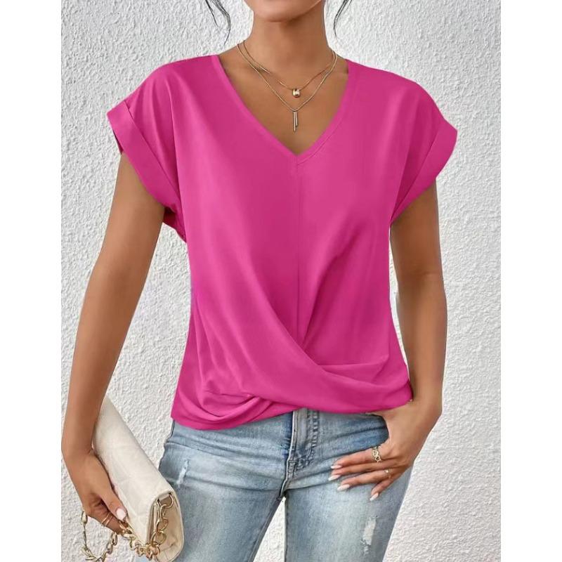 Autumn new products women's lightweight breathable V-neck T-shirt elegant knotted loose short-sleeved top women
