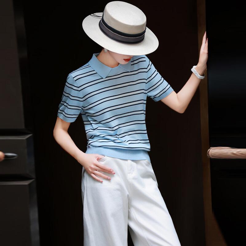 Lanseer 2026 Summer Striped Lapel Knit Top