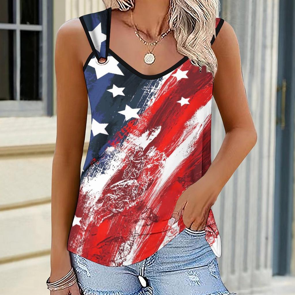 Ladies' Outdoor Casual Sports Double Loop Buckle Vest with National Flag Print Pattern ,V-neck, Sleeveless, Medium Stretch Fabric