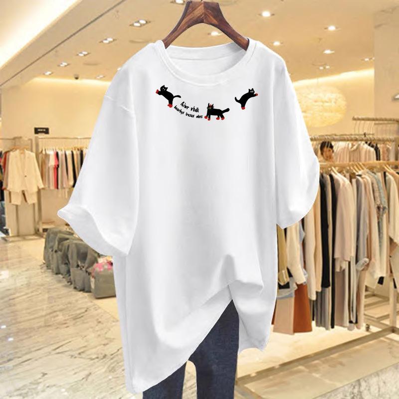 

Loose kitten print cotton t-shirt short-sleeved new white large-size top bottoming shirt S