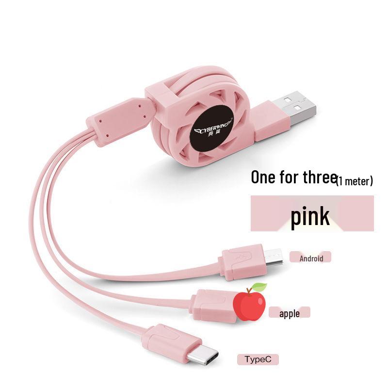 

3A Tri-Connector Retractable Fast Charging Cable with Four-Way Stretch for Apple, Android, Type-C