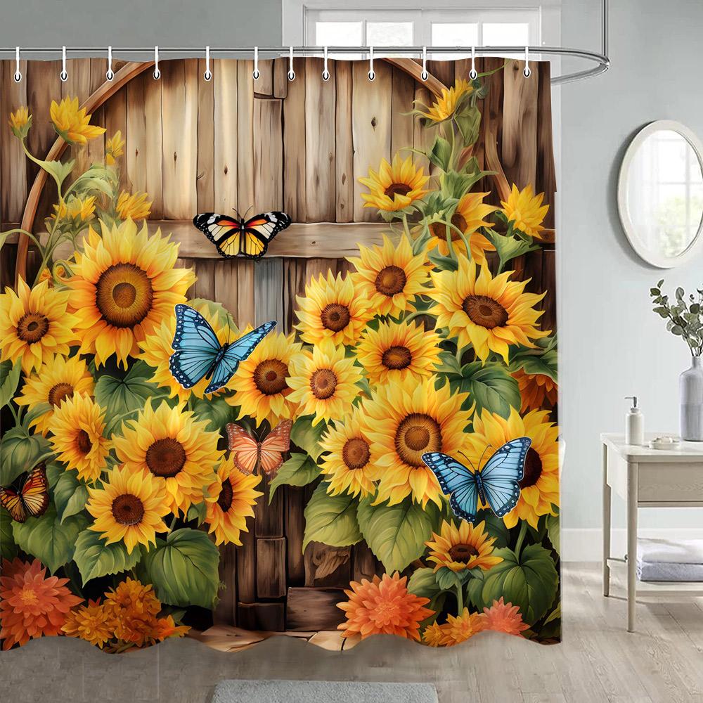 Rustic Sunflower Shower Curtains Vintage Farm Barn Wooden Door Autumn Floral Butterfly Bathroom Curtain Polyester Home Decor Set