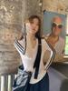 2026 Spring Korean Color Block V-Neck Long Sleeve Women's T-Shirt with Versatile Striped Embroidery Design