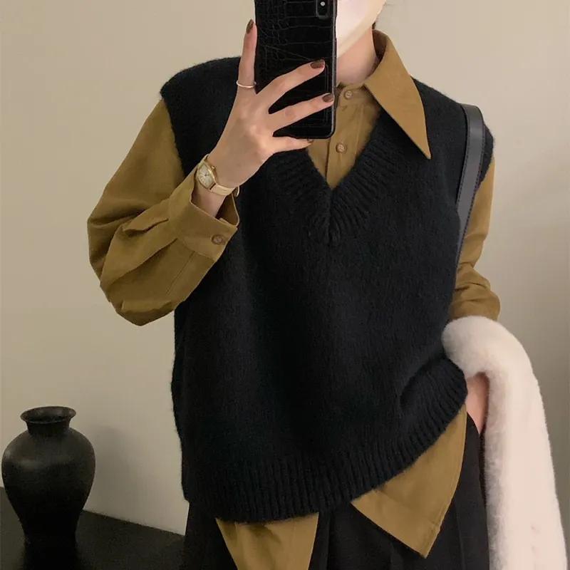 Casual V-neck Knitted Vest Sweater Autumn Winter Loose Soft Solid Vest Women Sleeveless Waistcoat Tops Women Chic 29056