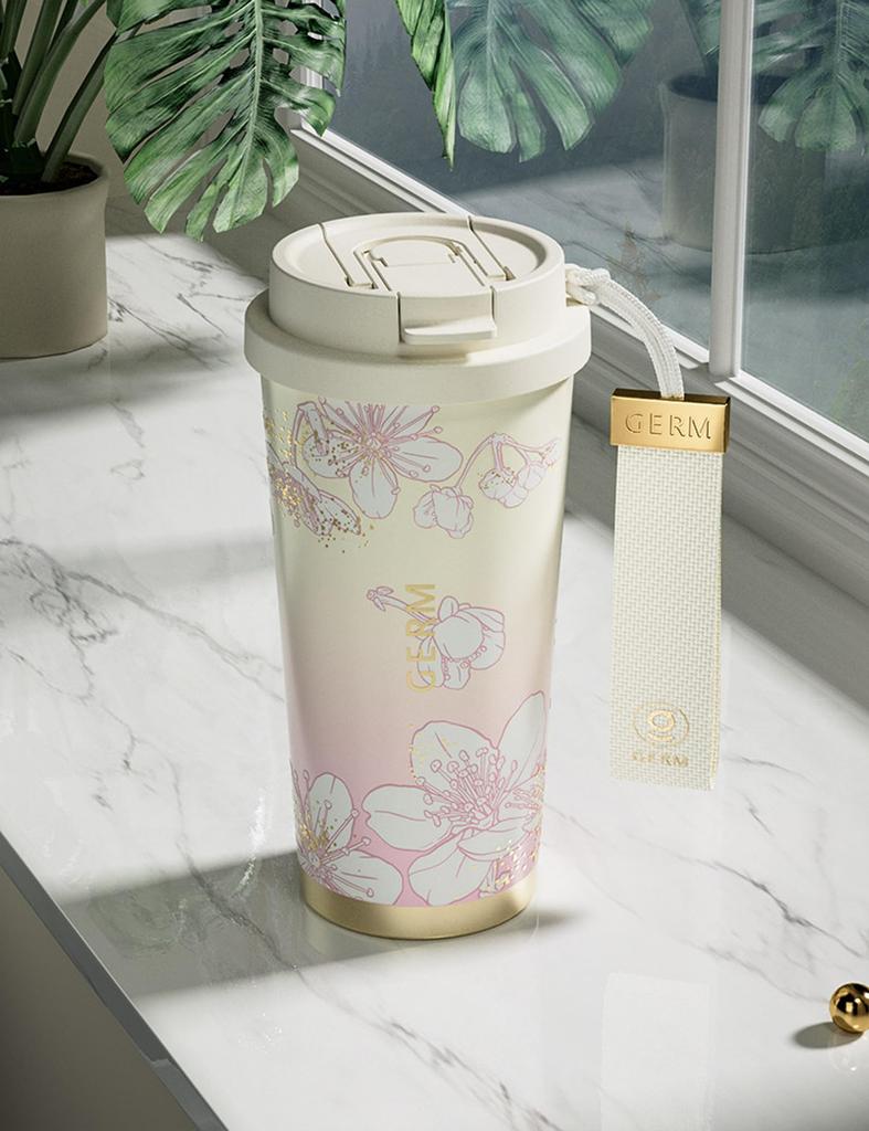 GERM Sakura Design Insulated Mug Stainless Steel Insulates Hot Cold Double Walled Design for and Travel - & Drinks, Leak-Proof Commuting,