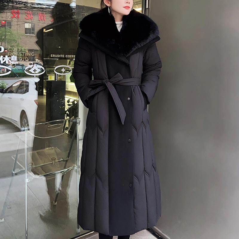Plussstørrelse L-7XL Mote Vinterjakker Dame Lang Parkas Hette Stor Fuskepelskrage Løs Tykk Varm Overfrakk Casual Damekåper Med Belte