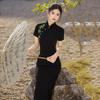 Black Embroidered Qipao Dress Womens Vintage Style Long Fit-and-Flare Daily Wear 3D Floral