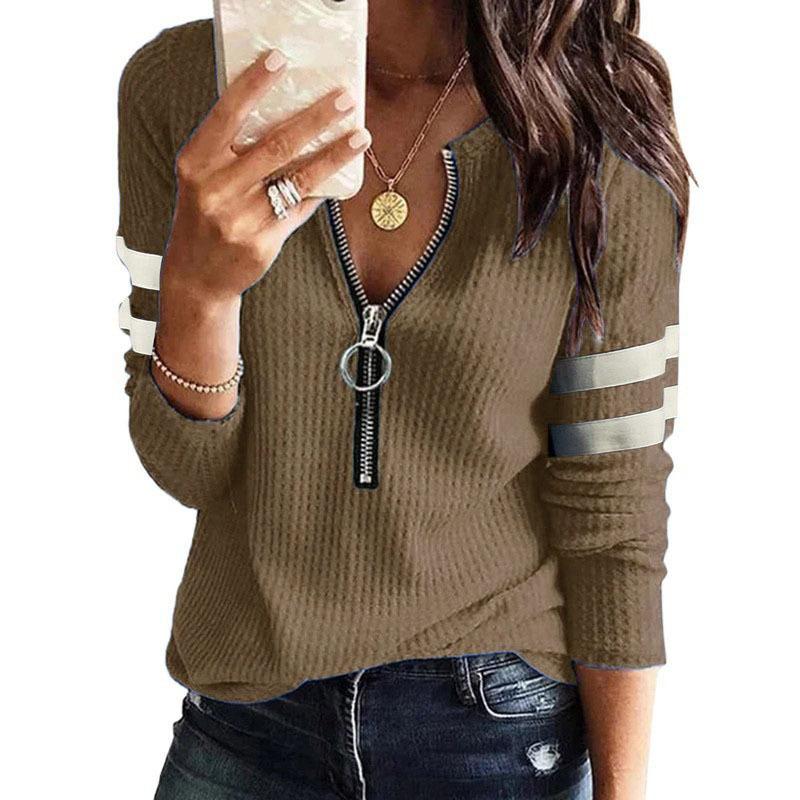 T-shirt Top da Donna a Manica Lunga con Zip e Scollo a V Splicing Taglia Grande