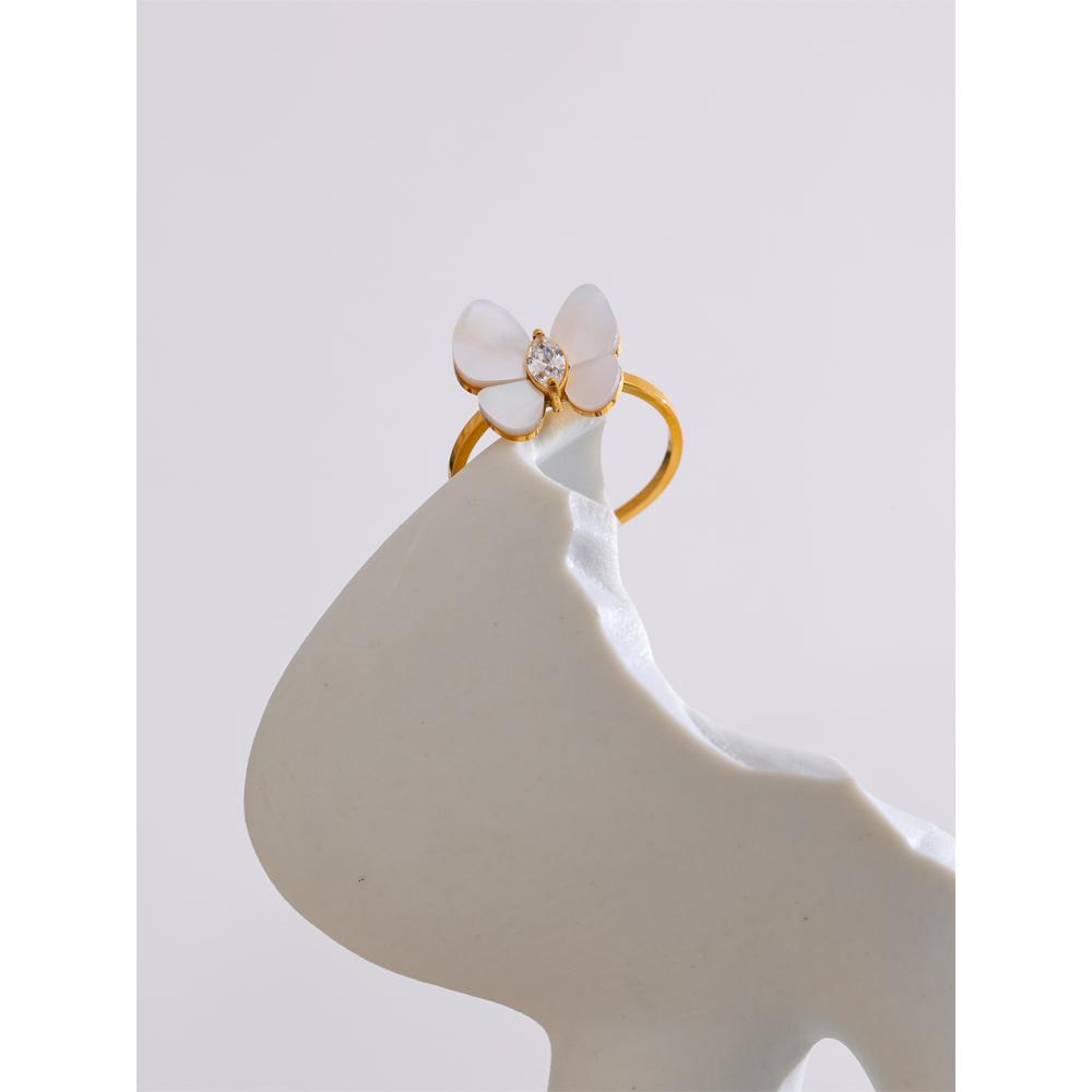 Eetit  316L Stainless Steel Zircon Natural Shell Butterfly Adjustable Ring High Quality Exquisite Popular Jewelry Gift PVD Plated