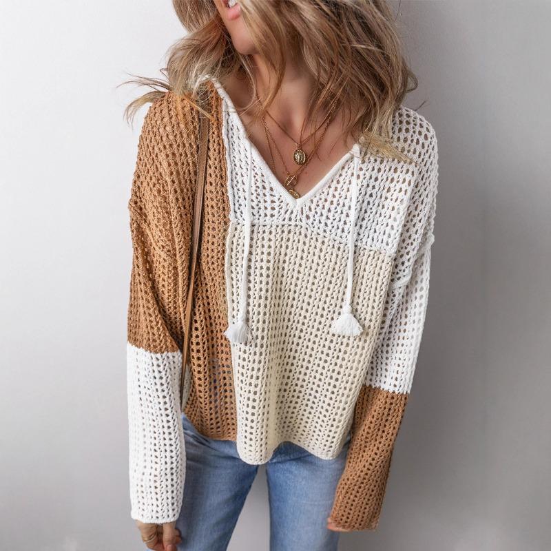 

Новый осенний топ с V-образным вырезом и длинными рукавами для женщин, повседневный стиль, цветной блок, ажурный свитер для женщин S абрикосовый