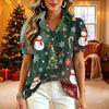 Damen V-Ausschnitt Weihnachten Print Kurzarm Knopfleiste Bluse mit Rüschenbesatz